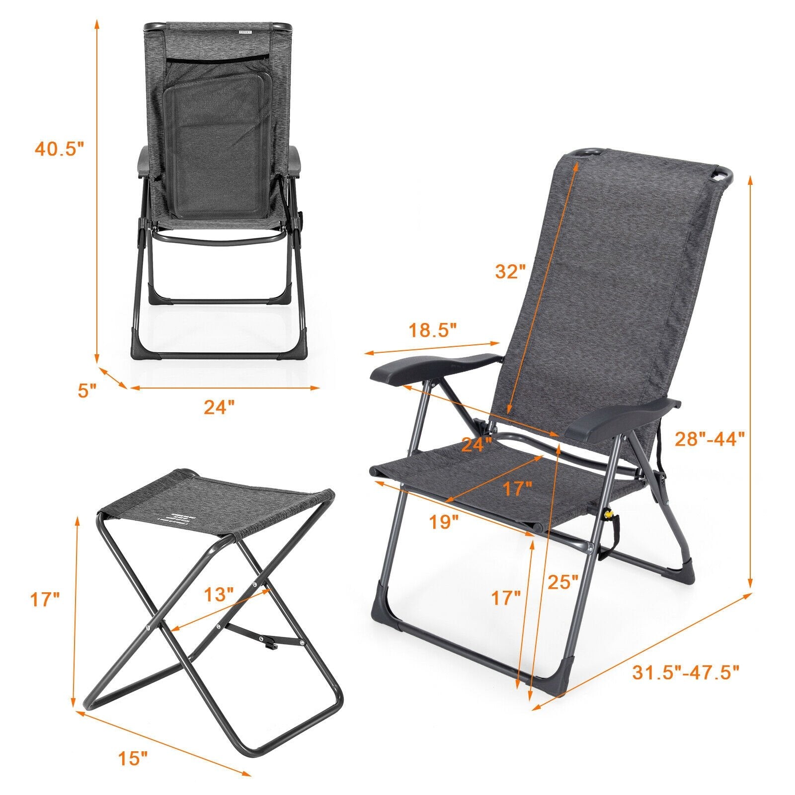 4 Pieces Patio Adjustable Back Folding Dining Chair Ottoman Set, Gray Patio Dining Chairs   at Gallery Canada