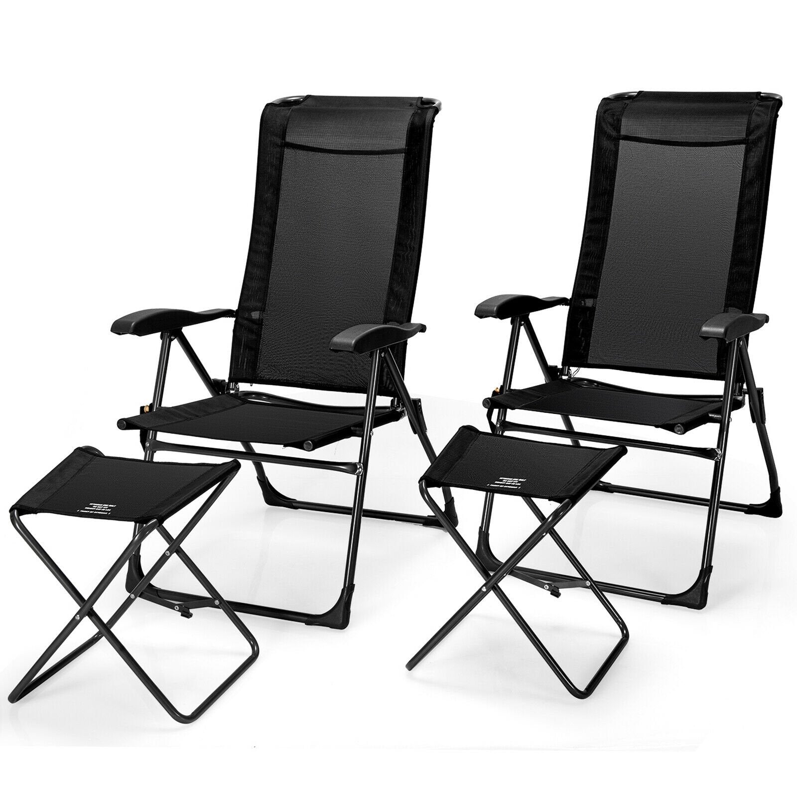 4 Pieces Patio Adjustable Back Folding Dining Chair Ottoman Set, Black Patio Dining Chairs   at Gallery Canada