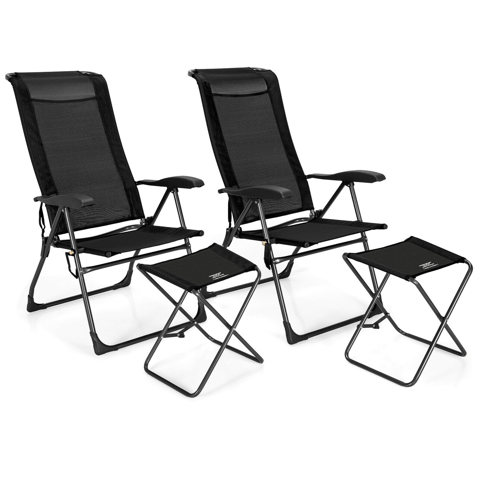 4 Pieces Patio Adjustable Back Folding Dining Chair Ottoman Set, Black Patio Dining Chairs   at Gallery Canada