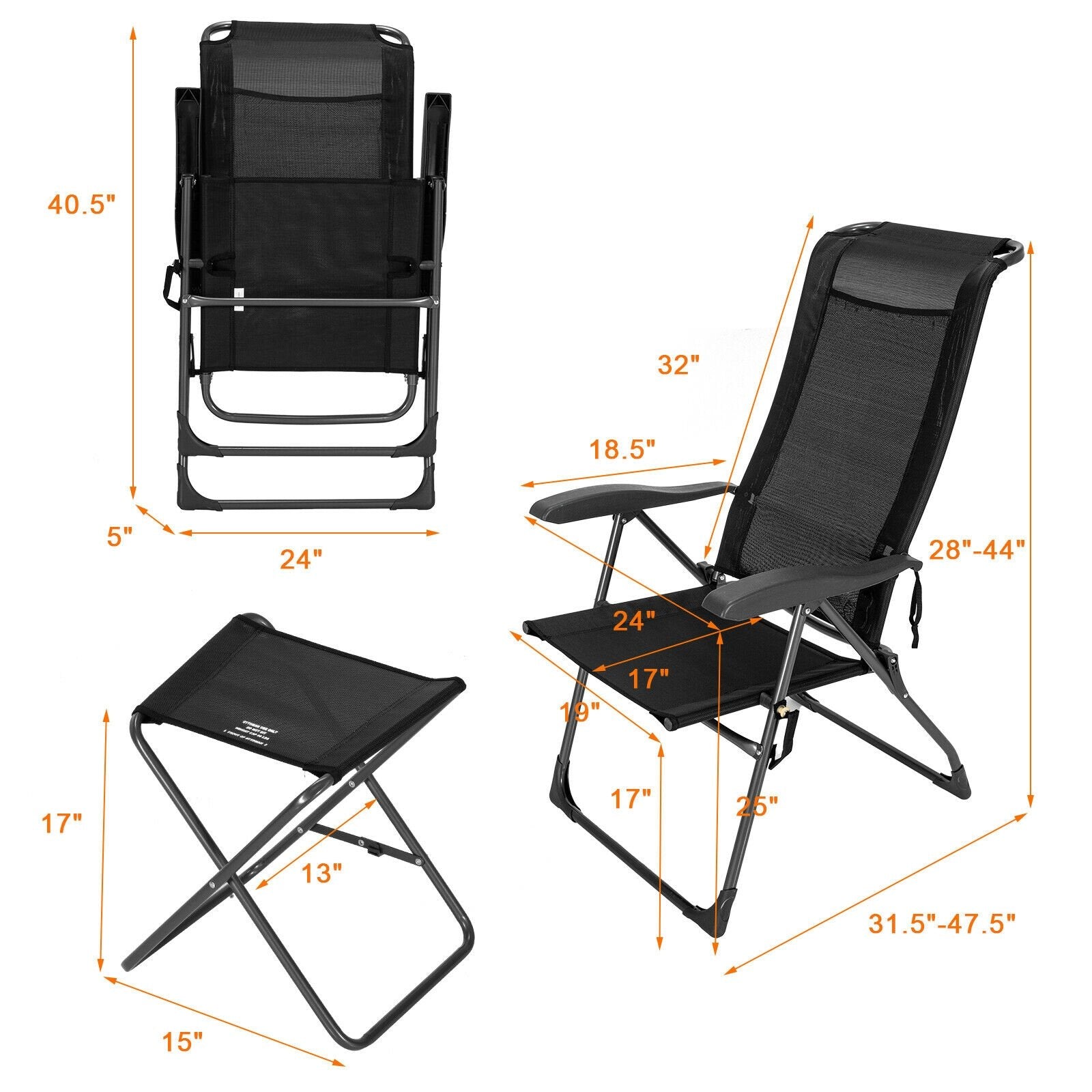 4 Pieces Patio Adjustable Back Folding Dining Chair Ottoman Set, Black Patio Dining Chairs   at Gallery Canada