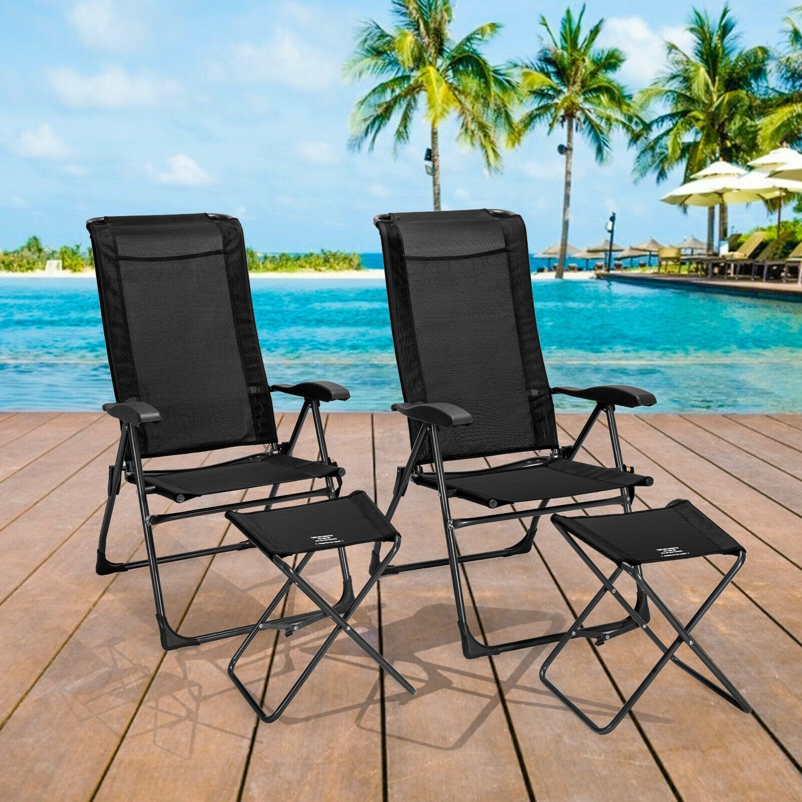 4 Pieces Patio Adjustable Back Folding Dining Chair Ottoman Set, Black Patio Dining Chairs   at Gallery Canada