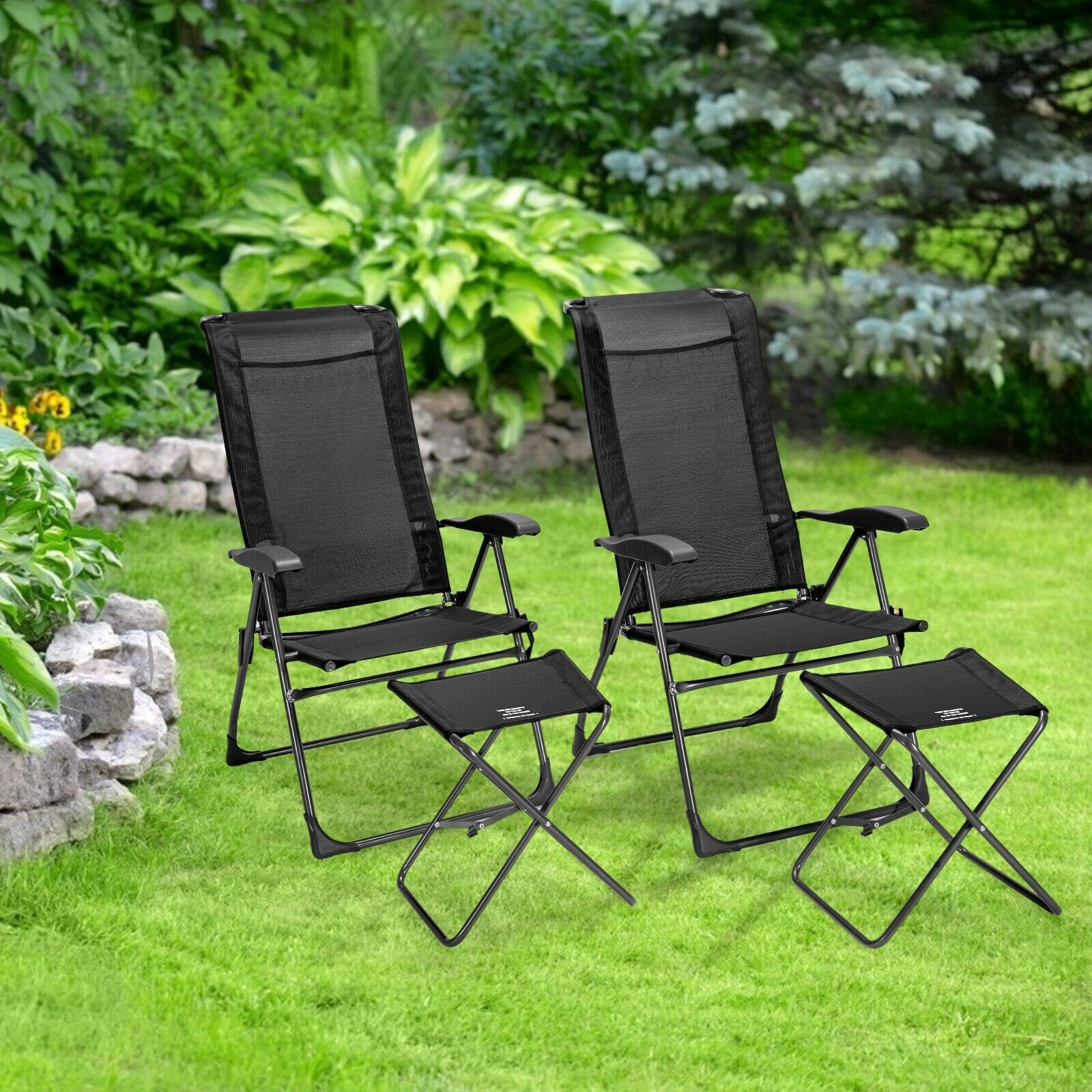 4 Pieces Patio Adjustable Back Folding Dining Chair Ottoman Set, Black Patio Dining Chairs   at Gallery Canada