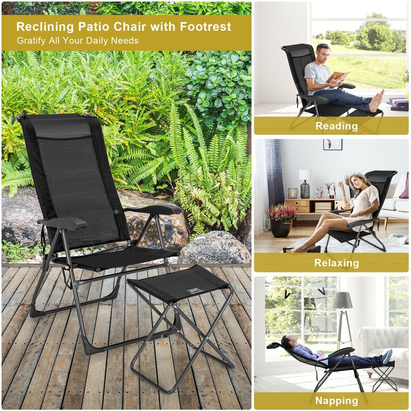 4 Pieces Patio Adjustable Back Folding Dining Chair Ottoman Set, Black Patio Dining Chairs   at Gallery Canada