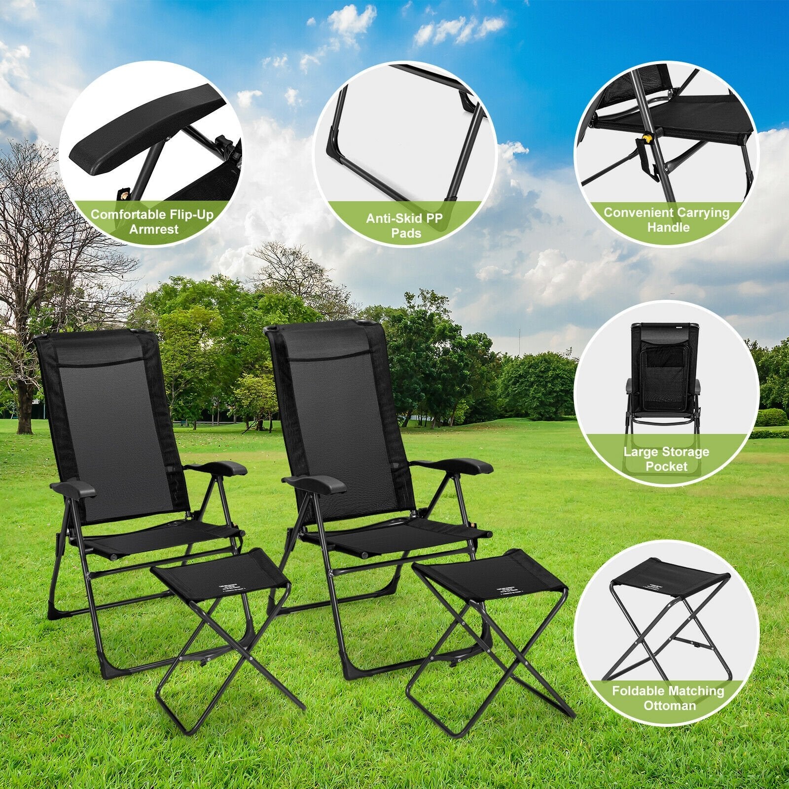 4 Pieces Patio Adjustable Back Folding Dining Chair Ottoman Set, Black Patio Dining Chairs   at Gallery Canada