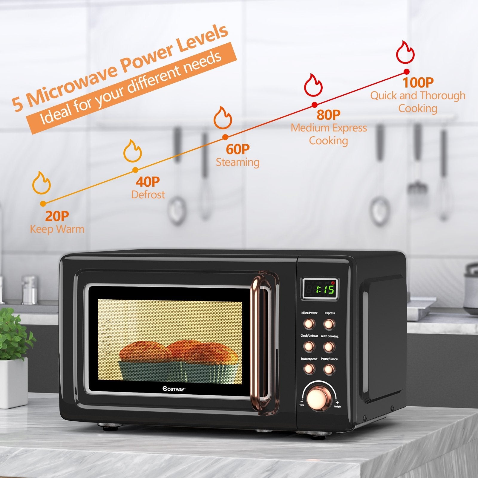 700W Retro Countertop Microwave Oven with 5 Micro Power and Auto Cooking Function, Golden Toaster Ovens   at Gallery Canada