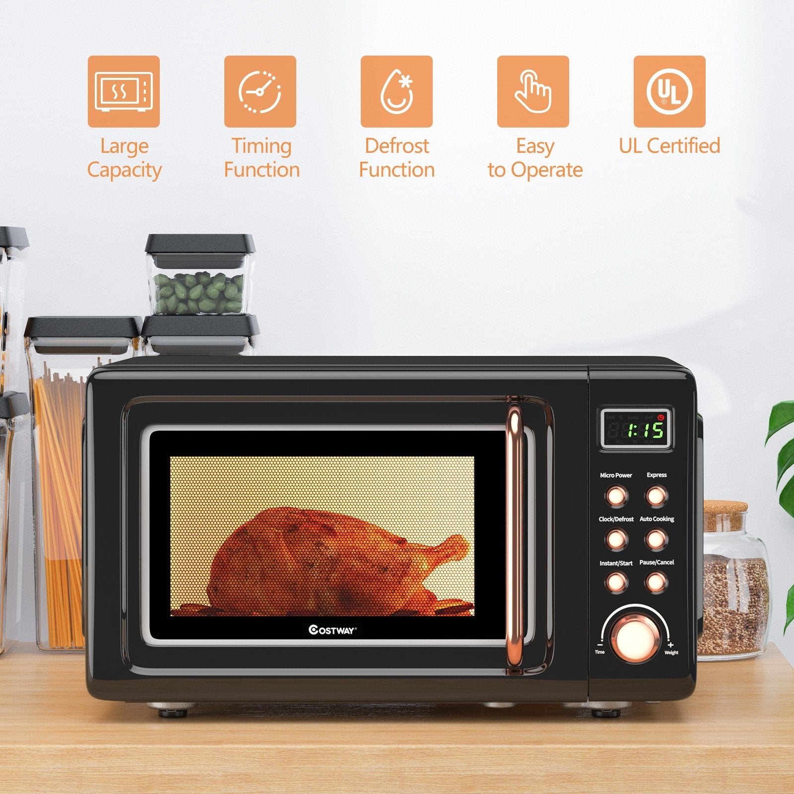 700W Retro Countertop Microwave Oven with 5 Micro Power and Auto Cooking Function, Golden Toaster Ovens   at Gallery Canada