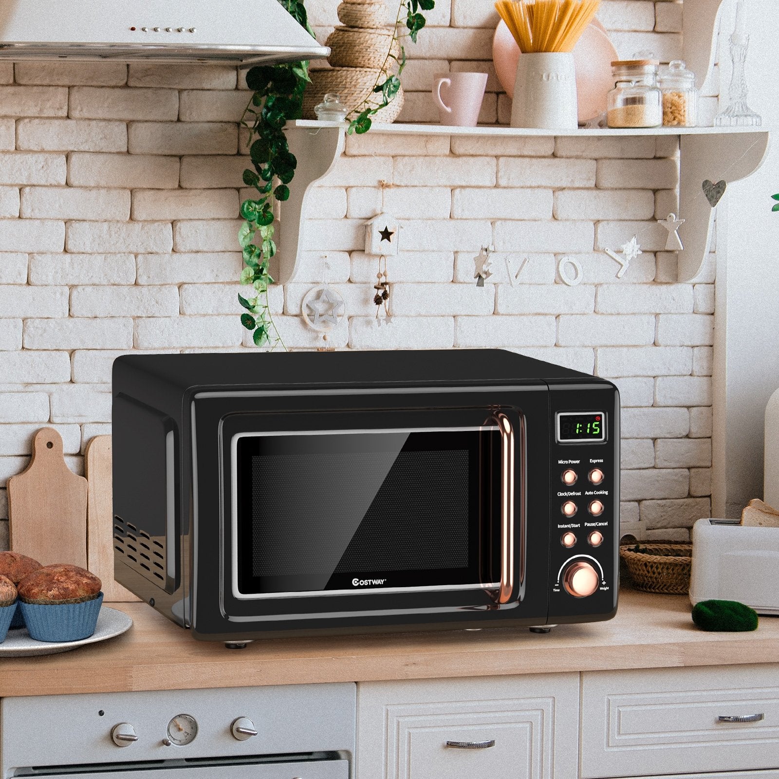 700W Retro Countertop Microwave Oven with 5 Micro Power and Auto Cooking Function, Golden Toaster Ovens   at Gallery Canada