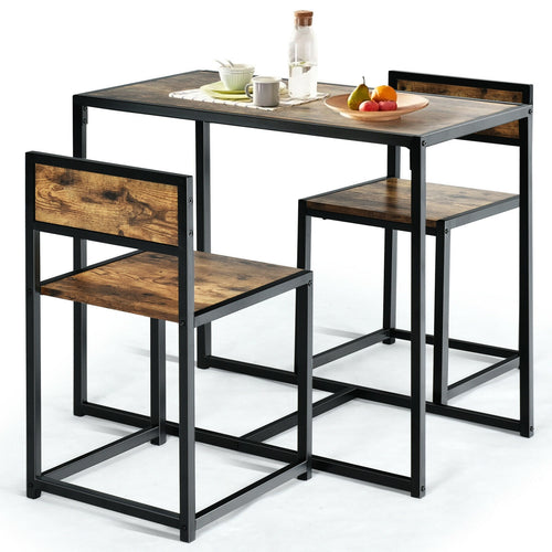 3 Pcs Dining Set Compact Table and 2 Chair with Metal Frame for for Small Space, Coffee