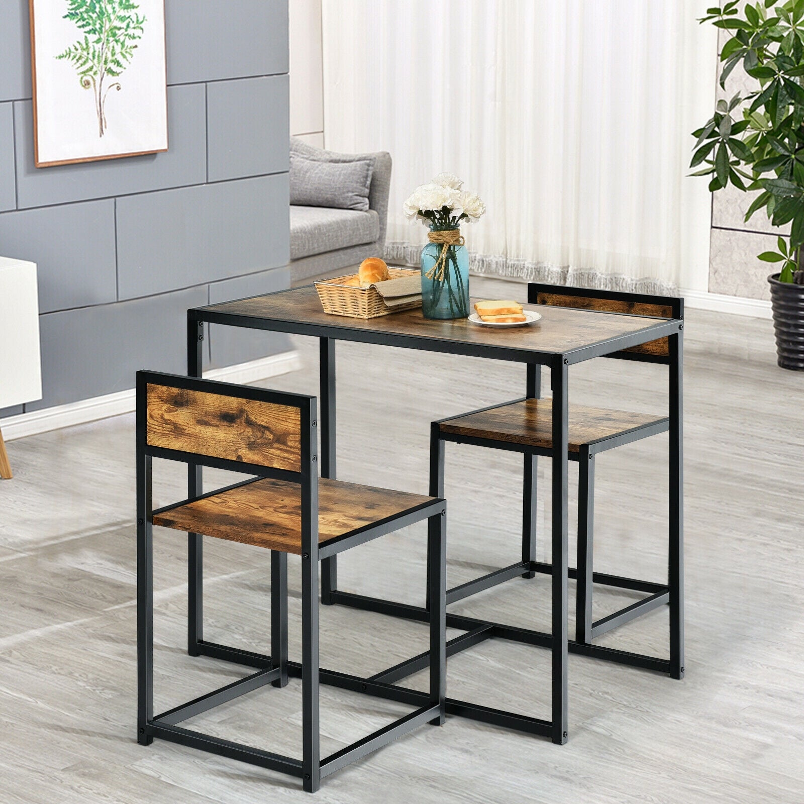 3 Pcs Dining Set Compact Table and 2 Chair with Metal Frame for for Small Space, Coffee - Gallery Canada