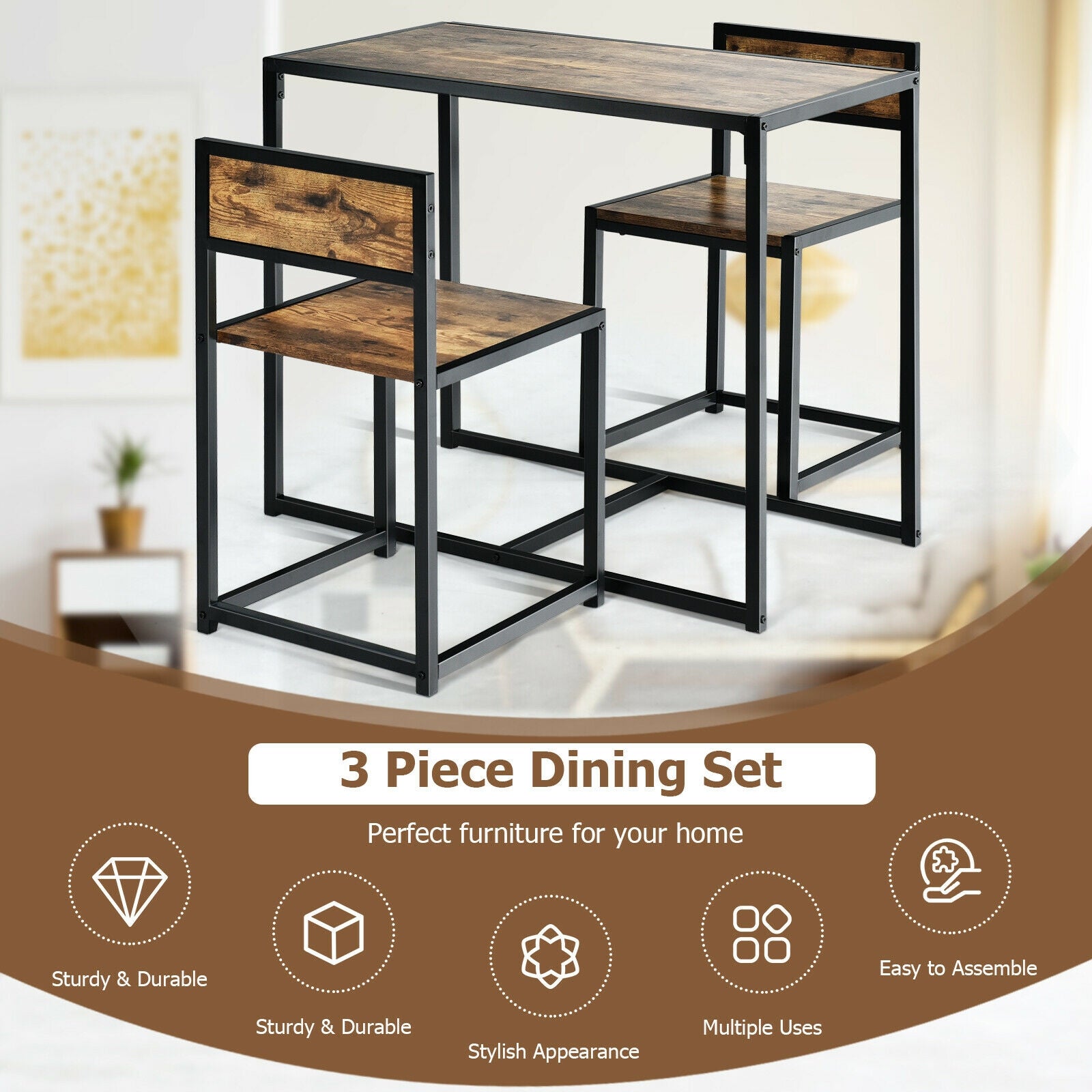 3 Pcs Dining Set Compact Table and 2 Chair with Metal Frame for for Small Space, Coffee - Gallery Canada