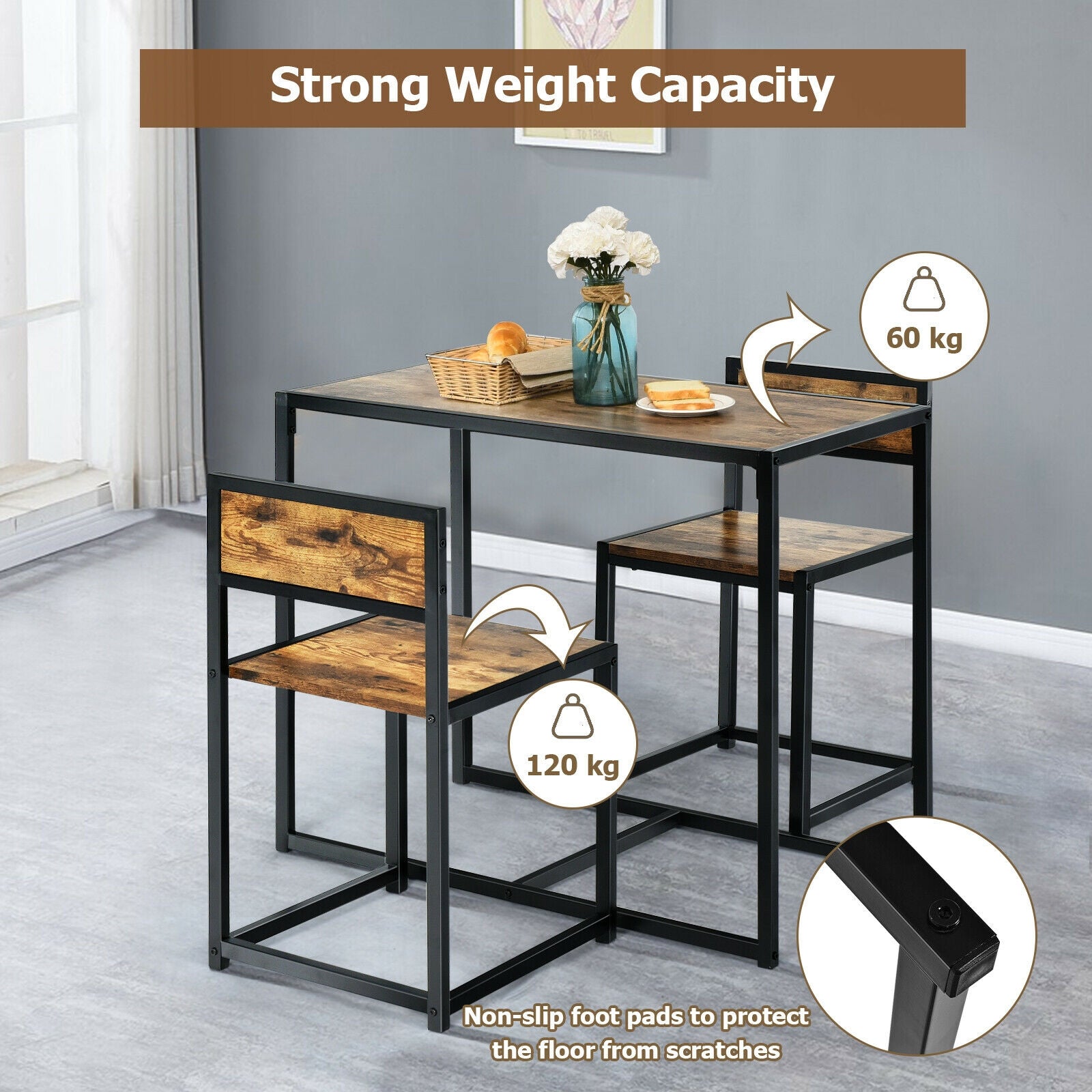 3 Pcs Dining Set Compact Table and 2 Chair with Metal Frame for for Small Space, Coffee Dining Room Sets at Gallery Canada