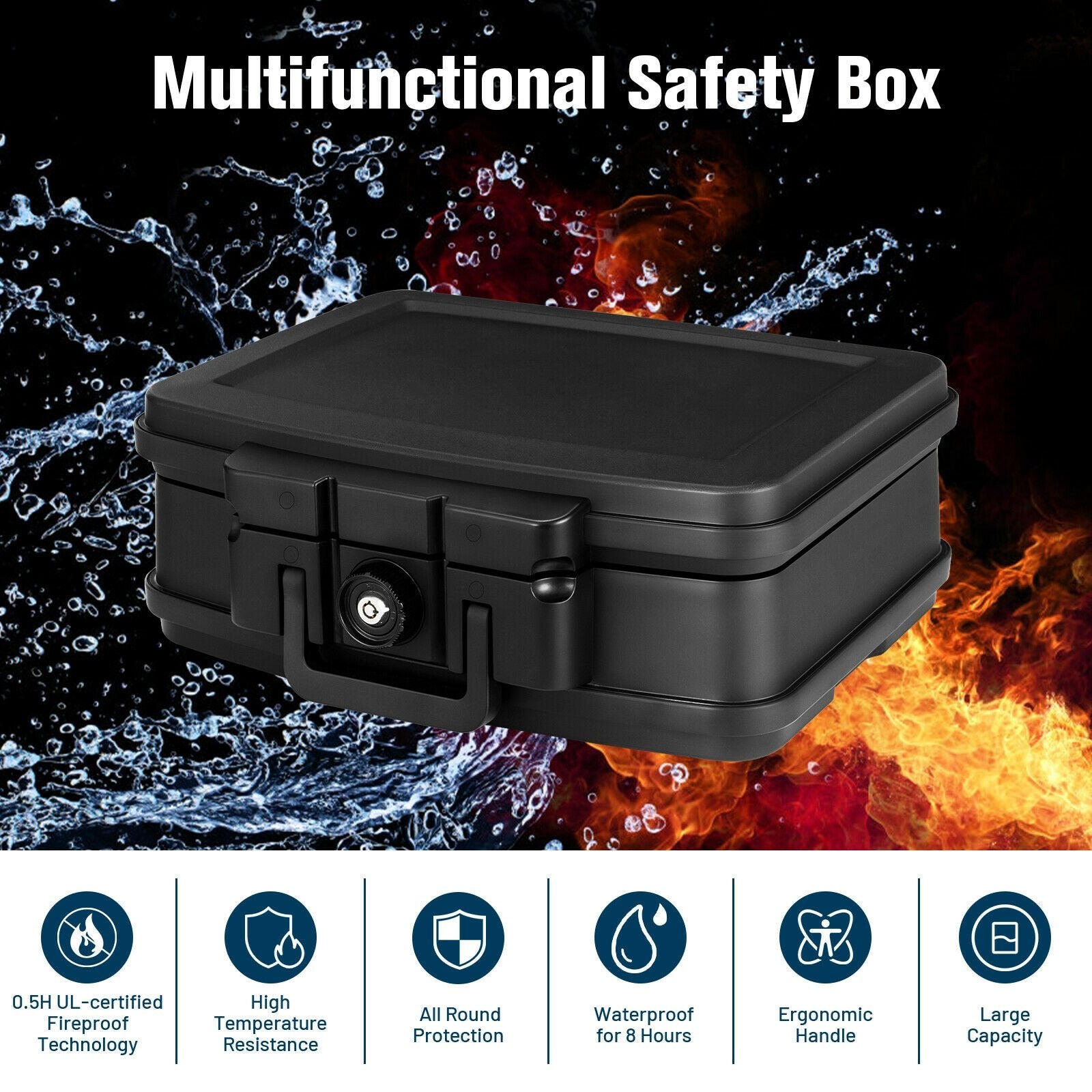 Fireproof Waterproof 30 Minute Safe Box with Lock and Handle-18 x 15 x 7 inches, Black - Gallery Canada