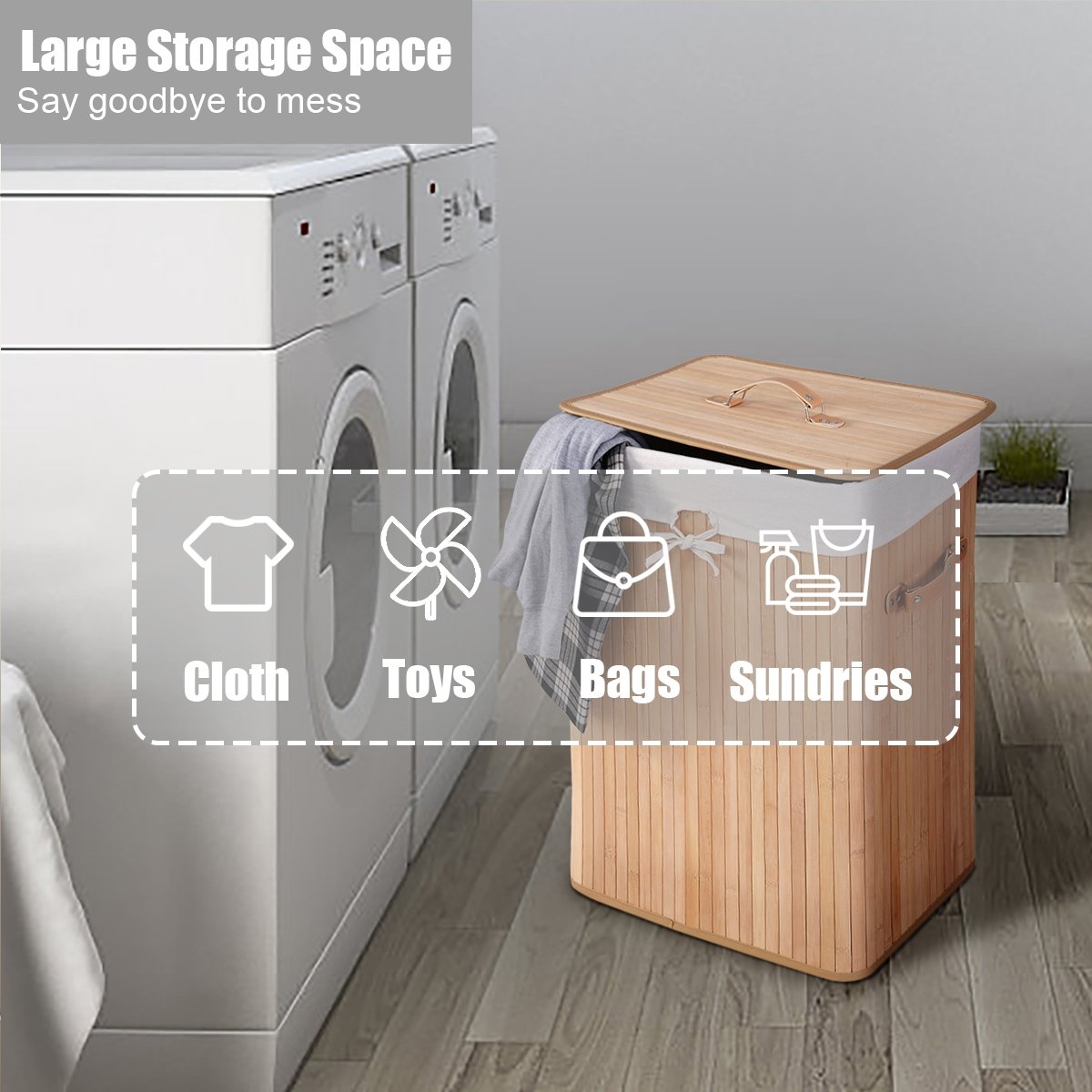 Rectangle Bamboo Hamper Laundry Basket Washing Cloth Bin Storage Bag Lid, Natural Laundry Baskets   at Gallery Canada