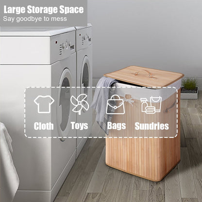 Rectangle Bamboo Hamper Laundry Basket Washing Cloth Bin Storage Bag Lid, Natural Laundry Baskets   at Gallery Canada