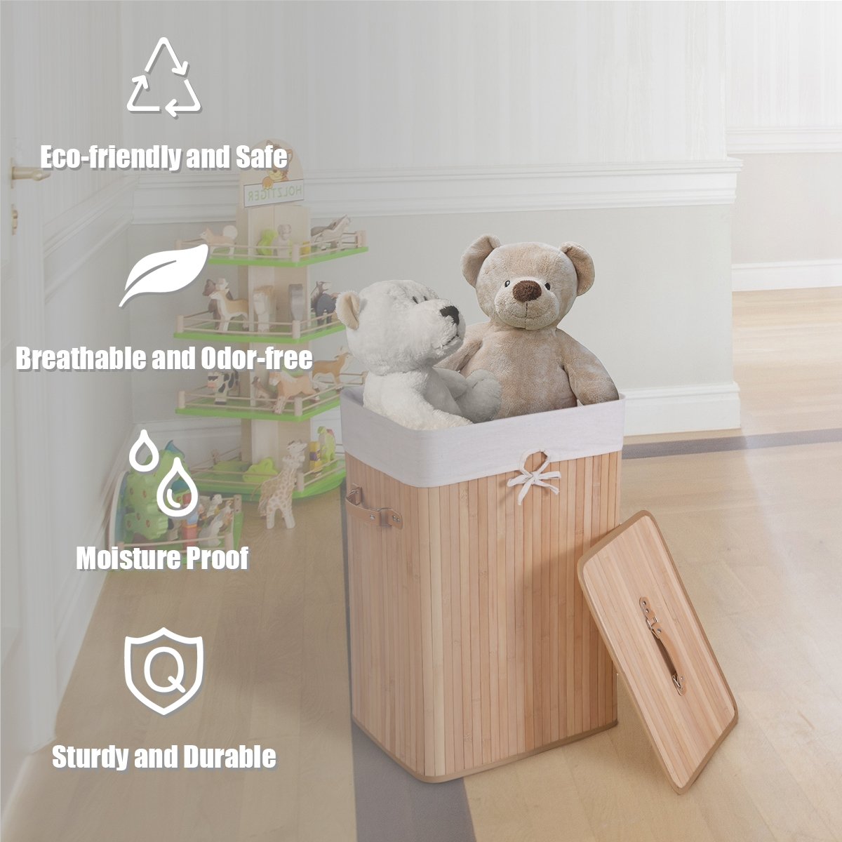 Rectangle Bamboo Hamper Laundry Basket Washing Cloth Bin Storage Bag Lid, Natural Laundry Baskets   at Gallery Canada