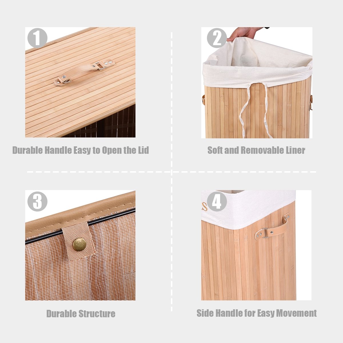 Rectangle Bamboo Hamper Laundry Basket Washing Cloth Bin Storage Bag Lid, Natural Laundry Baskets   at Gallery Canada