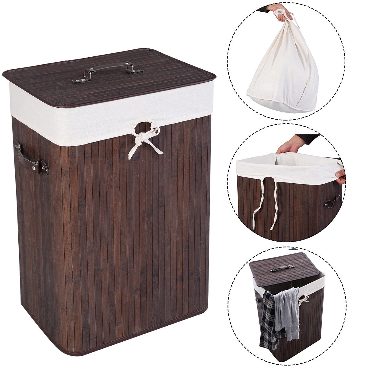 Rectangle Bamboo Hamper Laundry Basket Washing Cloth Bin Storage Bag Lid, Brown Laundry Baskets at Gallery Canada