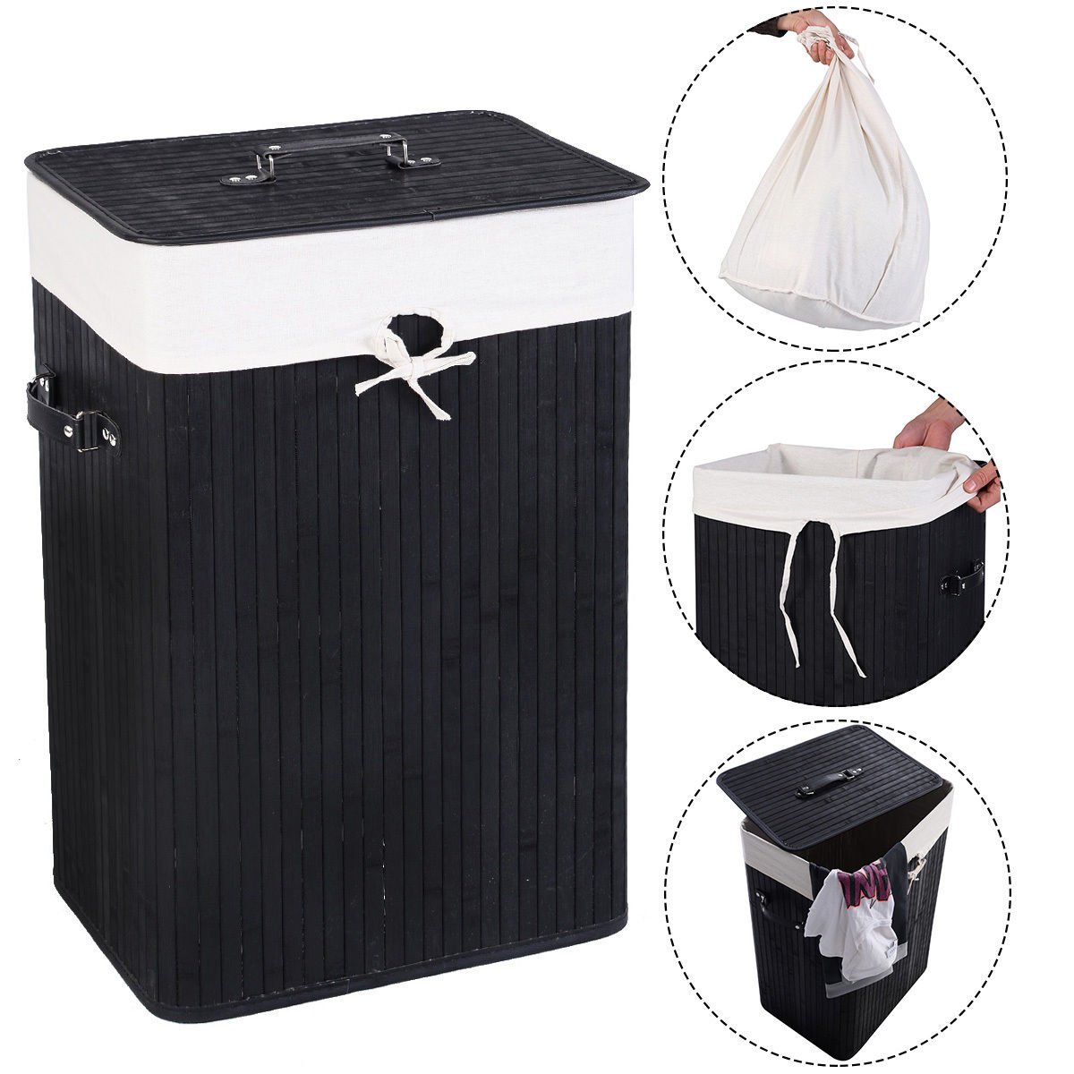 Rectangle Bamboo Hamper Laundry Basket Washing Cloth Bin Storage Bag Lid 3 color, Black Laundry Baskets   at Gallery Canada