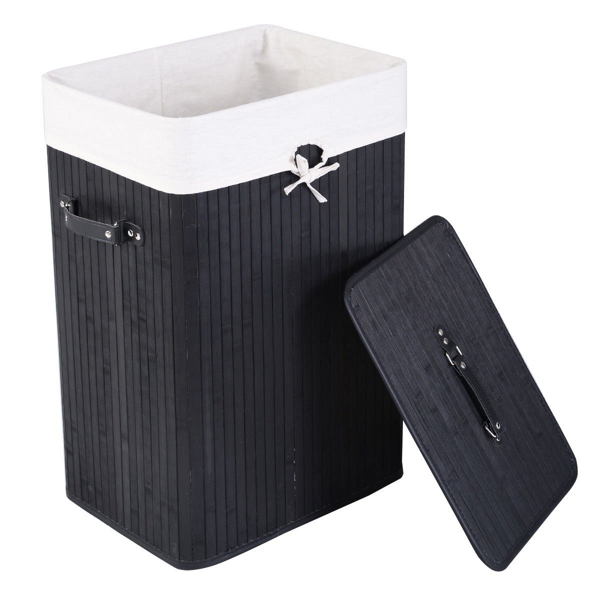 Rectangle Bamboo Hamper Laundry Basket Washing Cloth Bin Storage Bag Lid 3 color, Black Laundry Baskets   at Gallery Canada