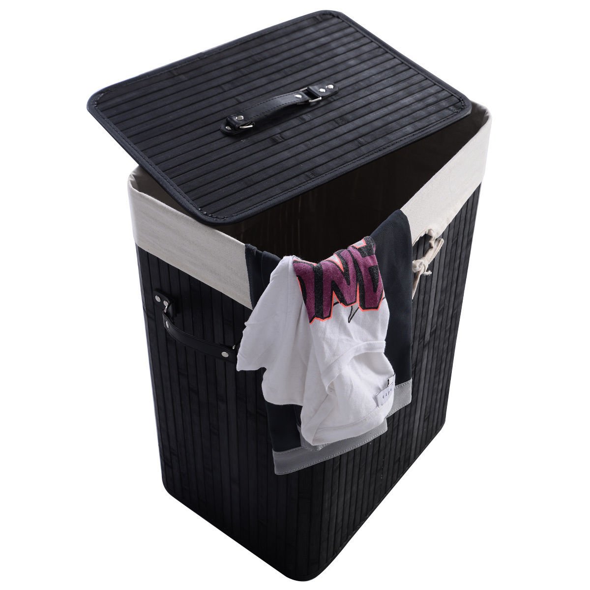 Rectangle Bamboo Hamper Laundry Basket Washing Cloth Bin Storage Bag Lid 3 color, Black Laundry Baskets   at Gallery Canada