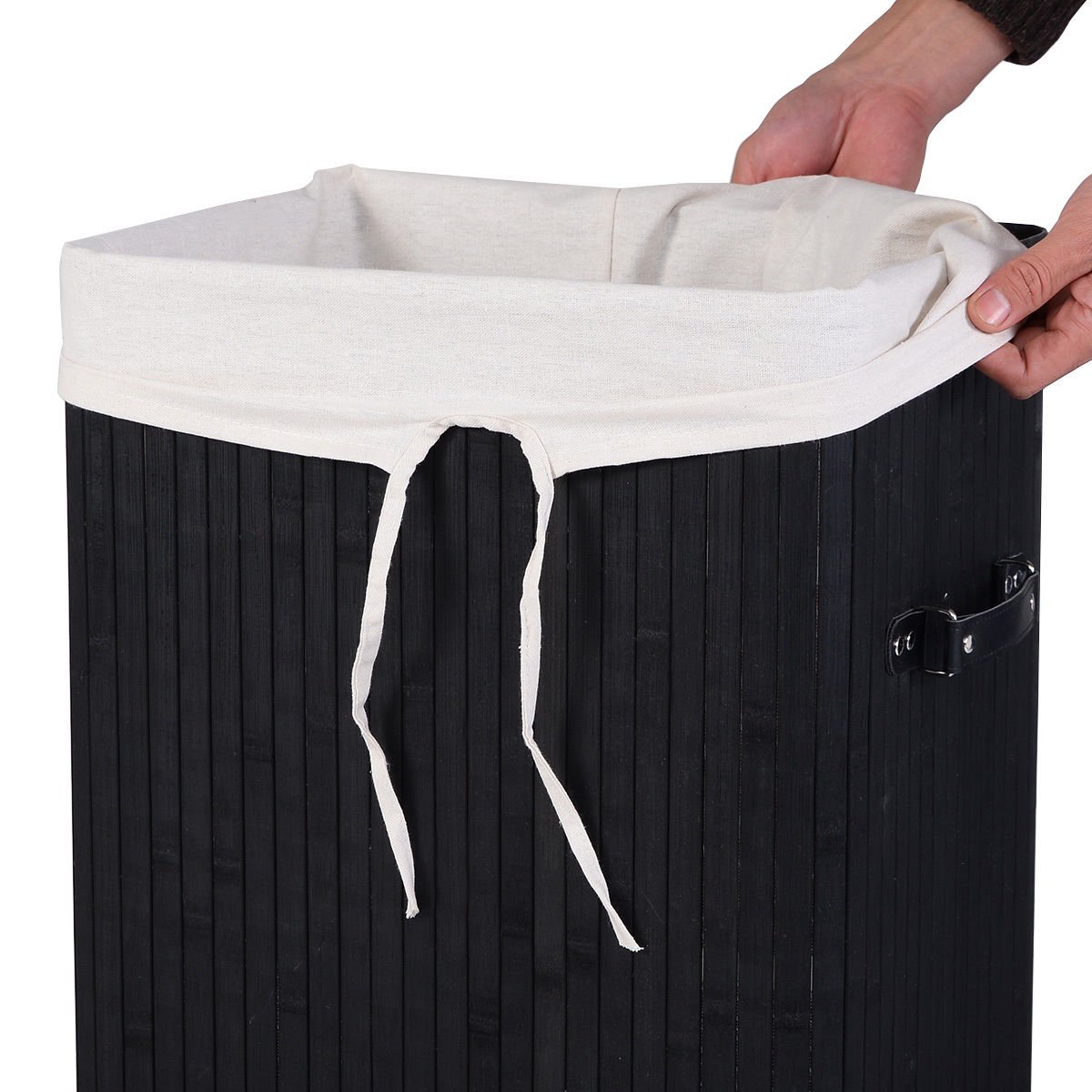 Rectangle Bamboo Hamper Laundry Basket Washing Cloth Bin Storage Bag Lid 3 color, Black Laundry Baskets   at Gallery Canada