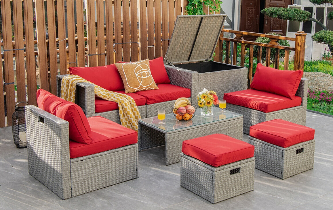 8 Pieces Patio Rattan Furniture Set with Storage Waterproof Cover and Cushion, Red Outdoor Sectionals   at Gallery Canada