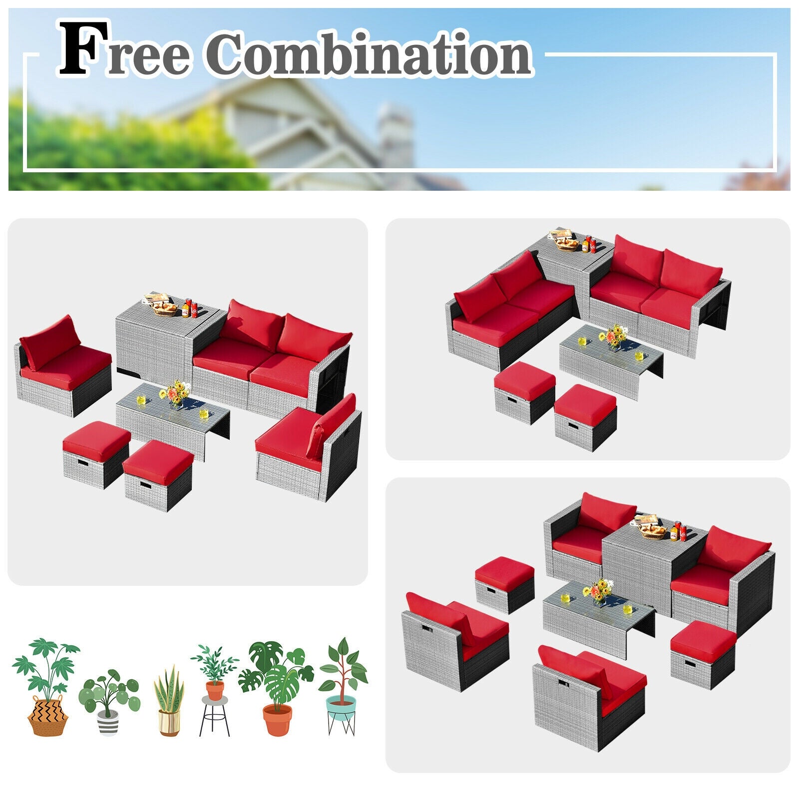 8 Pieces Patio Rattan Furniture Set with Storage Waterproof Cover and Cushion, Red Outdoor Sectionals   at Gallery Canada