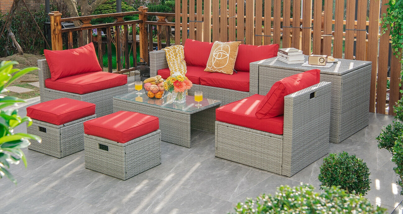 8 Pieces Patio Rattan Furniture Set with Storage Waterproof Cover and Cushion, Red Outdoor Sectionals   at Gallery Canada