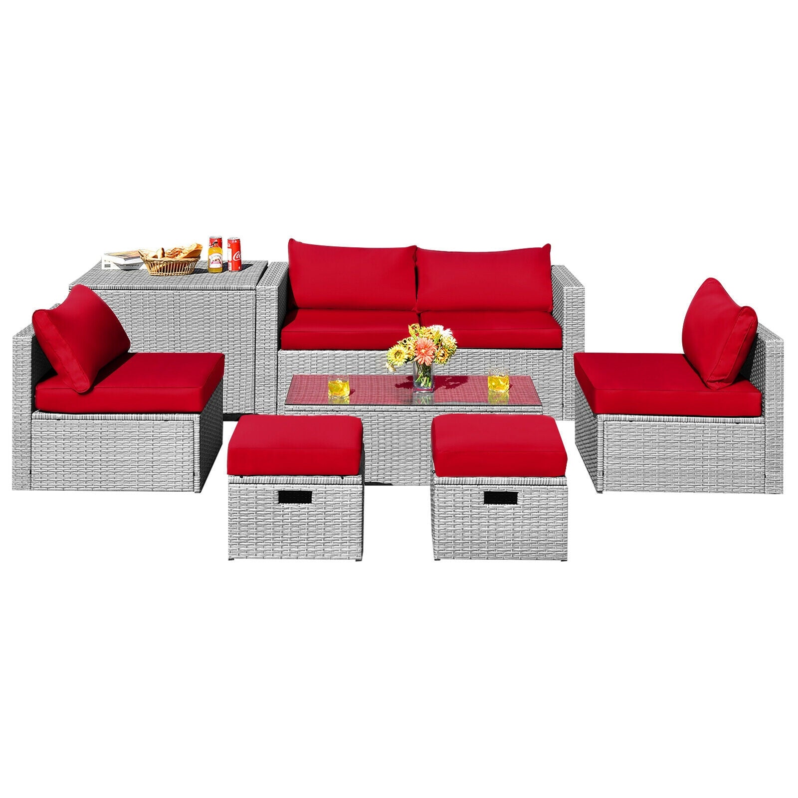 8 Pieces Patio Rattan Furniture Set with Storage Waterproof Cover and Cushion, Red Outdoor Sectionals Red  at Gallery Canada