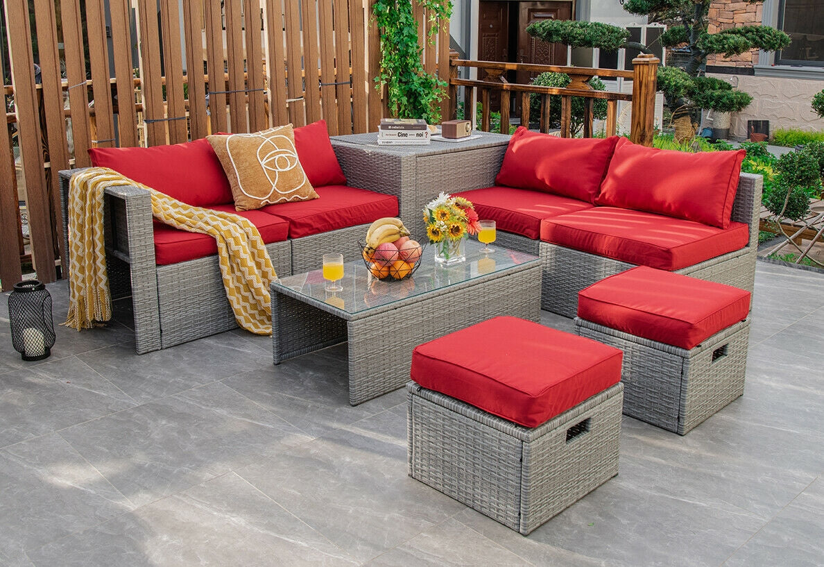 8 Pieces Patio Rattan Furniture Set with Storage Waterproof Cover and Cushion, Red Outdoor Sectionals   at Gallery Canada