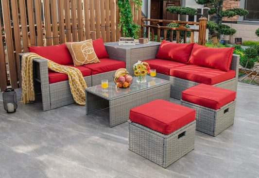 8 Pieces Patio Rattan Furniture Set with Storage Waterproof Cover and Cushion, Red Outdoor Sectionals Red  at Gallery Canada