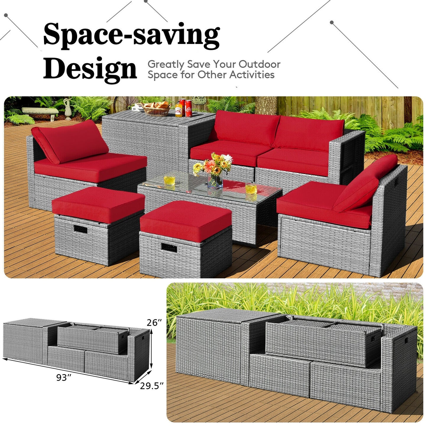 8 Pieces Patio Rattan Furniture Set with Storage Waterproof Cover and Cushion, Red Outdoor Sectionals   at Gallery Canada