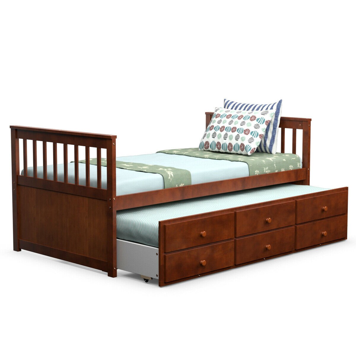 Twin Captain’s Bed with Trundle Bed with 3 Storage Drawers, Walnut - Gallery Canada