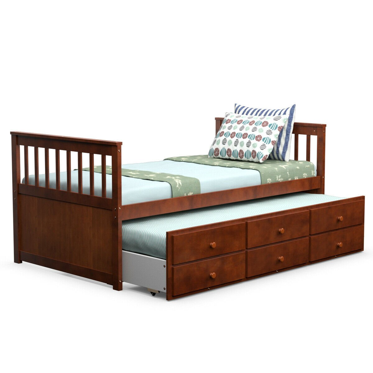 Twin Captain’s Bed with Trundle Bed with 3 Storage Drawers, Walnut Trundle Bed Frame   at Gallery Canada