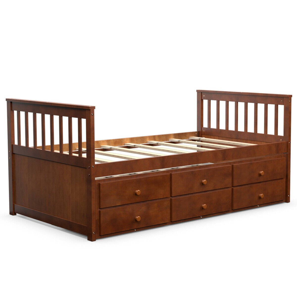 Twin Captain’s Bed with Trundle Bed with 3 Storage Drawers, Walnut Trundle Bed Frame   at Gallery Canada