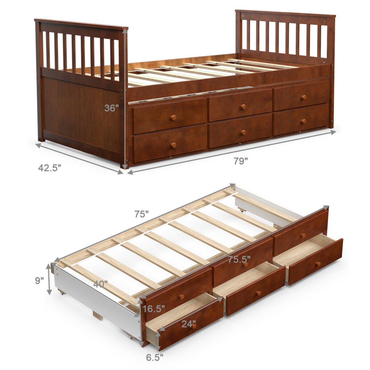 Twin Captain’s Bed with Trundle Bed with 3 Storage Drawers, Walnut - Gallery Canada