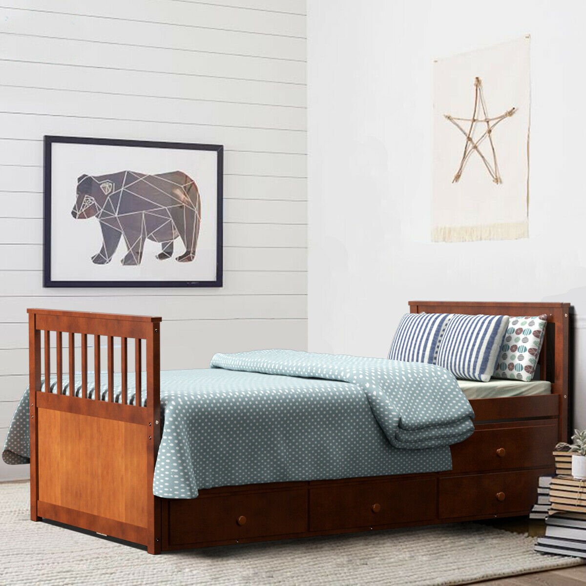 Twin Captain’s Bed with Trundle Bed with 3 Storage Drawers, Walnut Trundle Bed Frame   at Gallery Canada