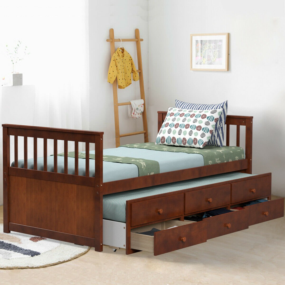 Twin Captain’s Bed with Trundle Bed with 3 Storage Drawers, Walnut Trundle Bed Frame   at Gallery Canada