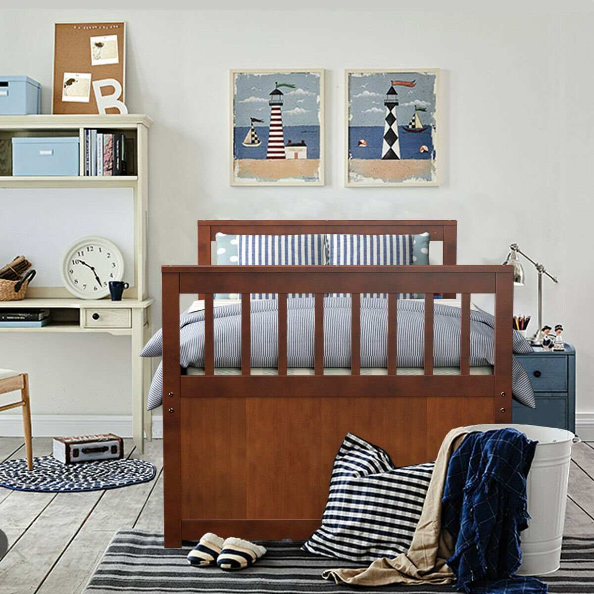 Twin Captain’s Bed with Trundle Bed with 3 Storage Drawers, Walnut Trundle Bed Frame   at Gallery Canada