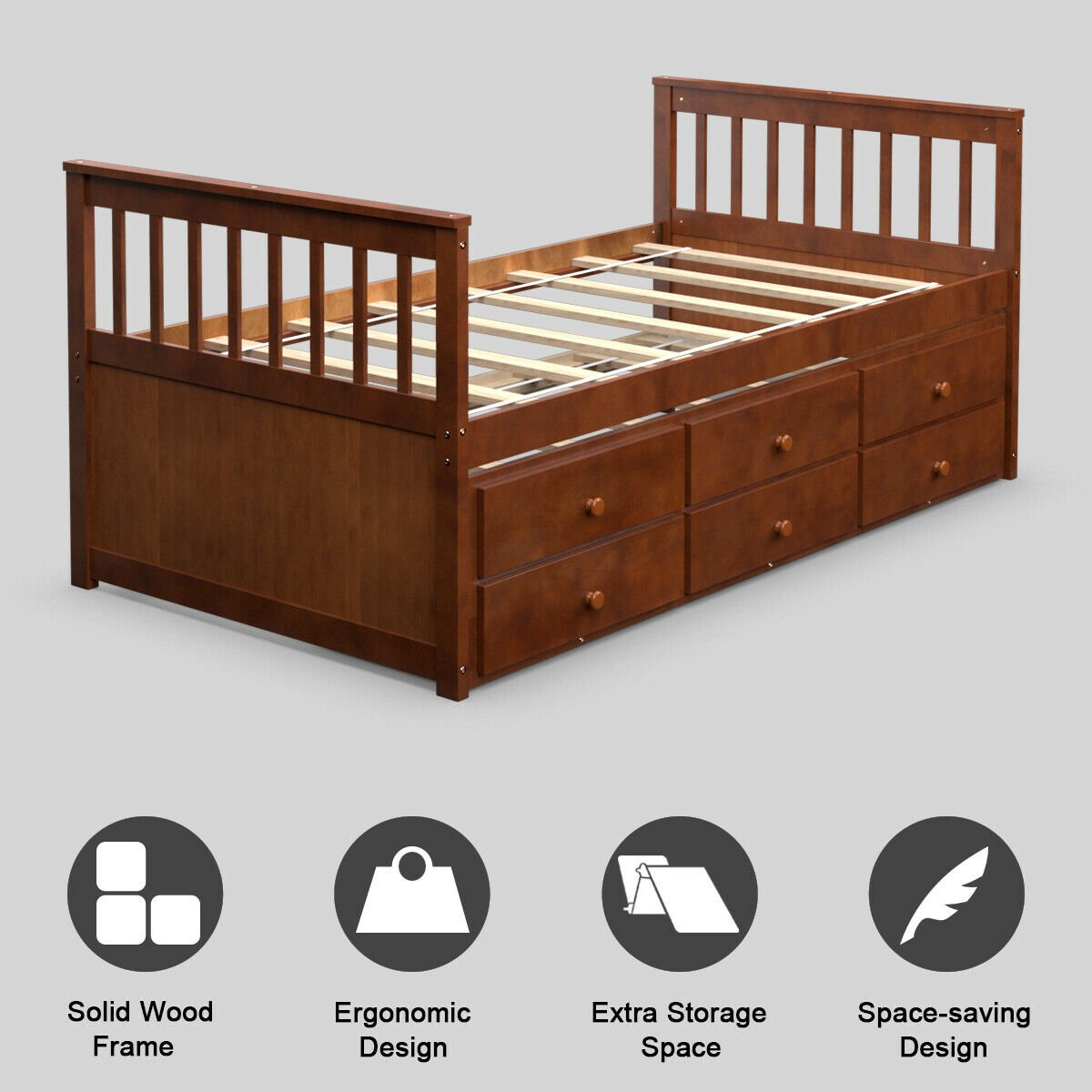 Twin Captain’s Bed with Trundle Bed with 3 Storage Drawers, Walnut Trundle Bed Frame   at Gallery Canada