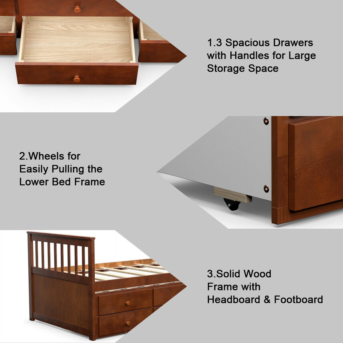 Twin Captain’s Bed with Trundle Bed with 3 Storage Drawers, Walnut Trundle Bed Frame   at Gallery Canada