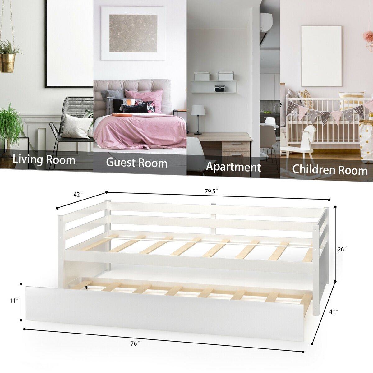 Twin Size Wooden Slat Trundle Platform, White Trundle Bed Frame   at Gallery Canada