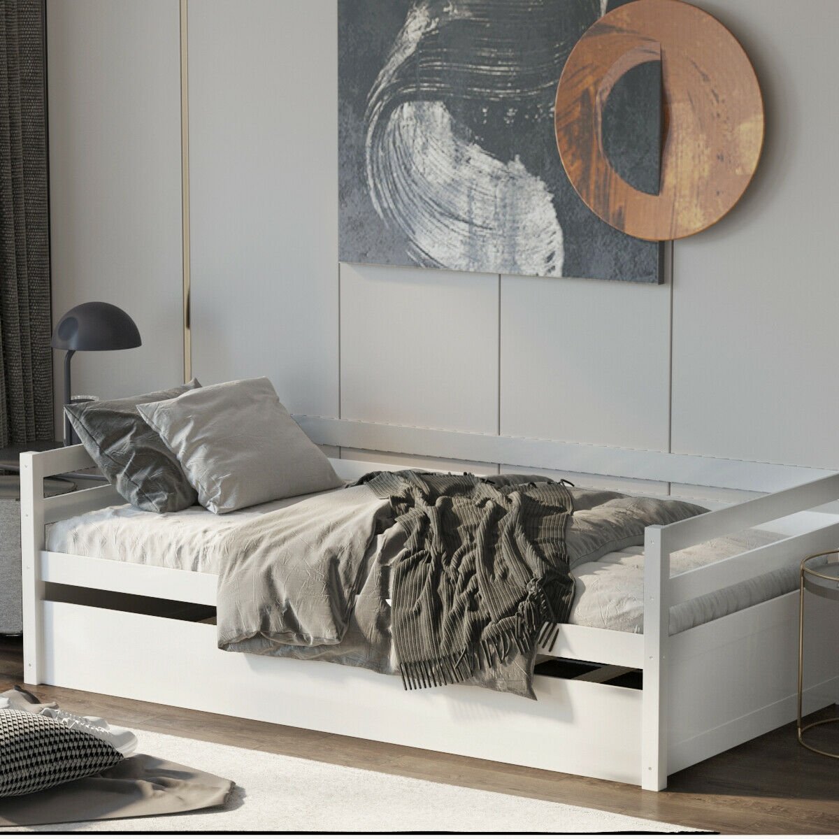 Twin Size Wooden Slat Trundle Platform, White Trundle Bed Frame   at Gallery Canada