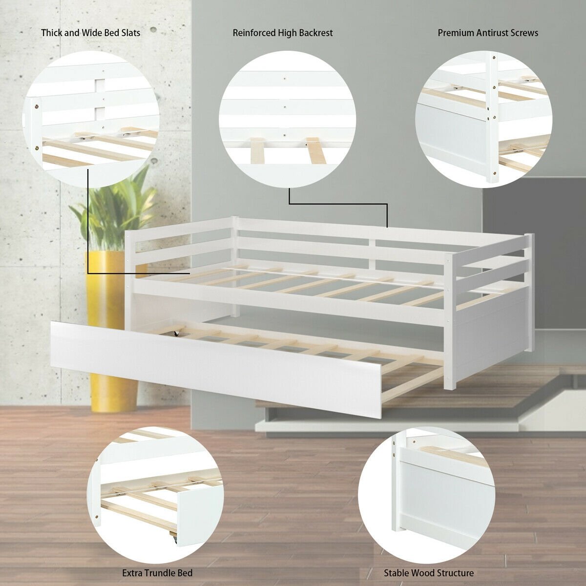 Twin Size Wooden Slat Trundle Platform, White Trundle Bed Frame   at Gallery Canada