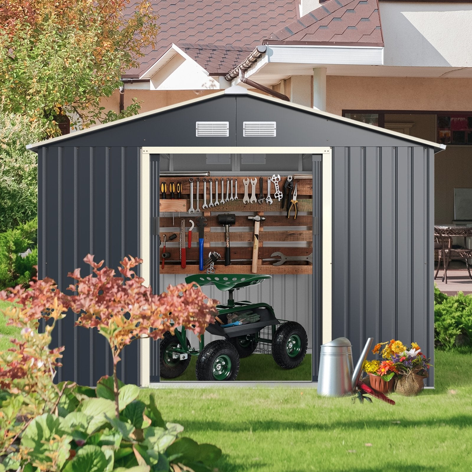 9 x 6 Feet Metal Storage Shed for Garden and Tools, Gray Sheds & Outdoor Storage   at Gallery Canada