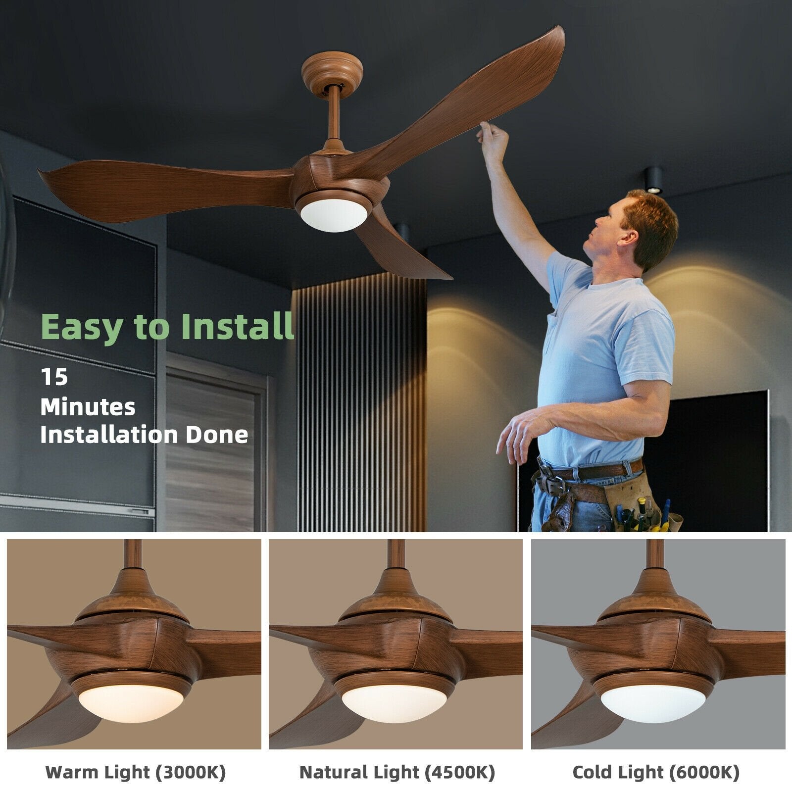 52 Inch Ceiling Fan with Light Reversible DC Motor, Walnut Ceiling Fans   at Gallery Canada