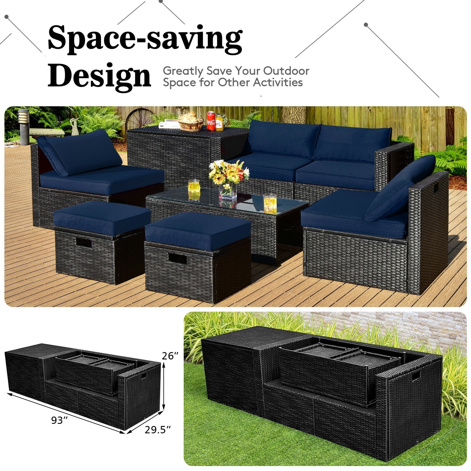 8 Pieces Patio Rattan Storage Table Furniture Set, Navy Outdoor Sectionals   at Gallery Canada