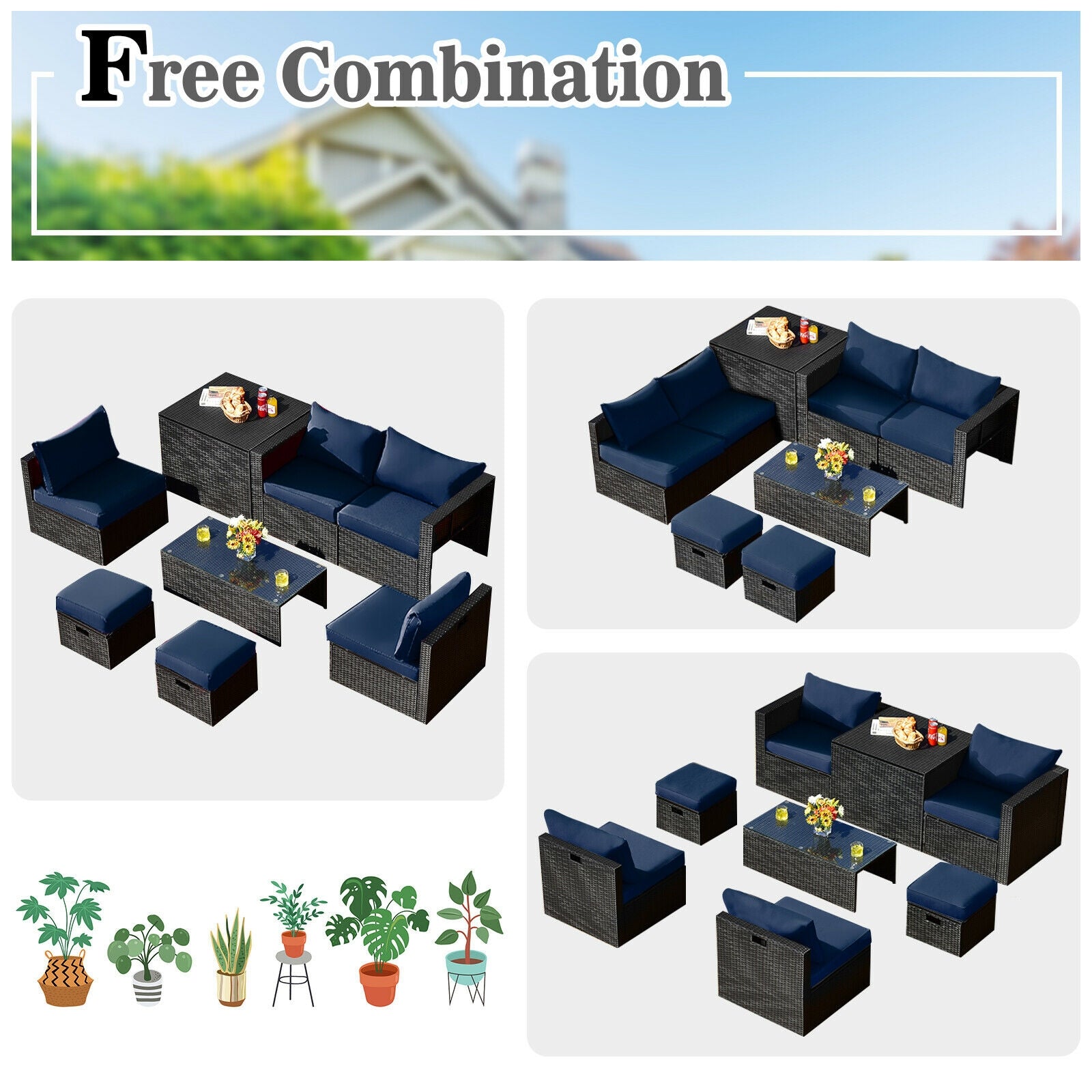 8 Pieces Patio Rattan Storage Table Furniture Set, Navy Outdoor Sectionals   at Gallery Canada