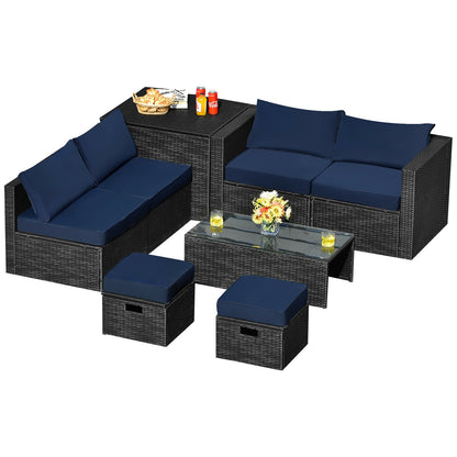 8 Pieces Patio Rattan Storage Table Furniture Set, Navy Outdoor Sectionals Navy  at Gallery Canada