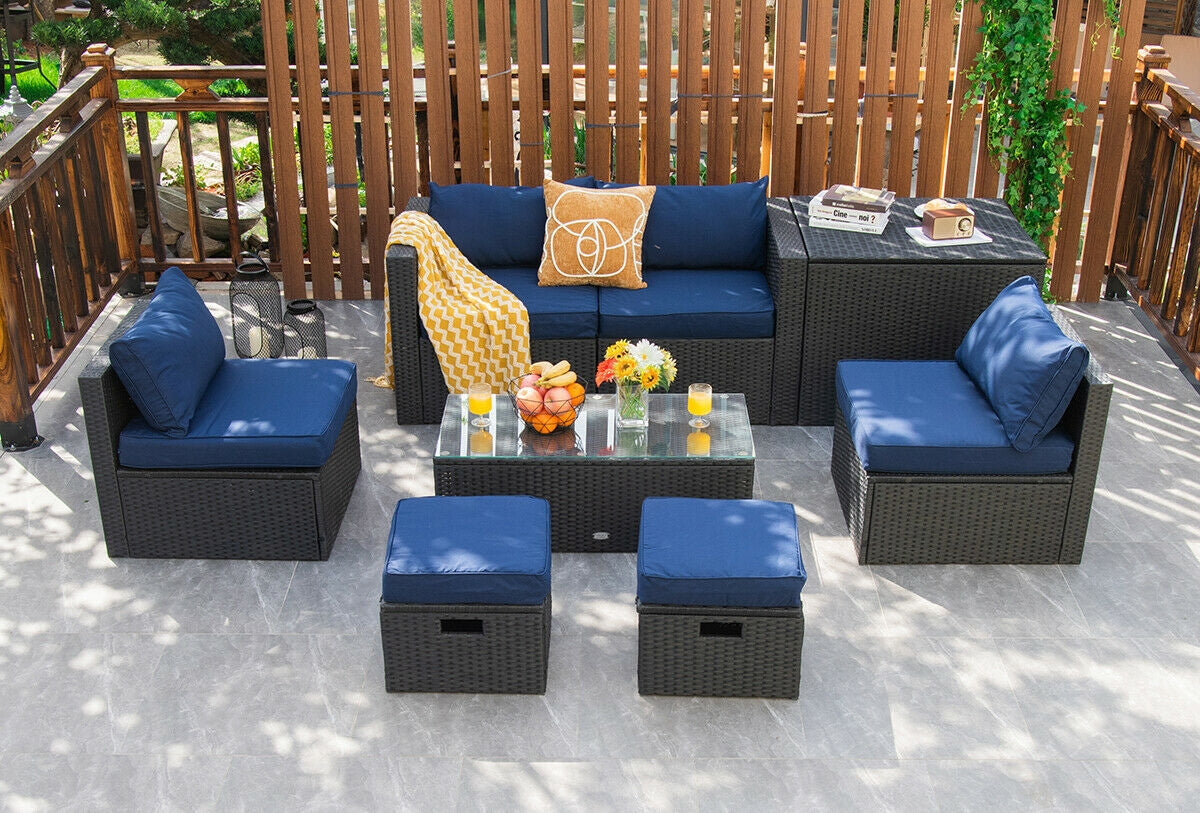 8 Pieces Patio Rattan Storage Table Furniture Set, Navy Outdoor Sectionals   at Gallery Canada